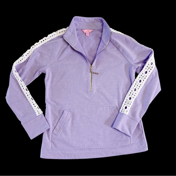 Lilly Pulitzer Heathered Lilac Purple Lace Sleeves Skipper Quarter Zip Small - Picture 4 of 8